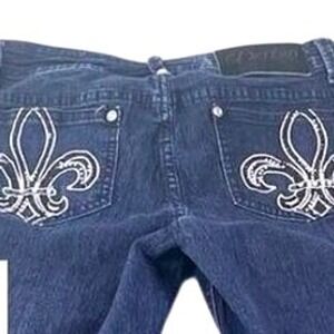 Dereon Women Skinny Jeans Dark Wash Rhinestone Fleur De Lis Size 7/8 Y2K McBling